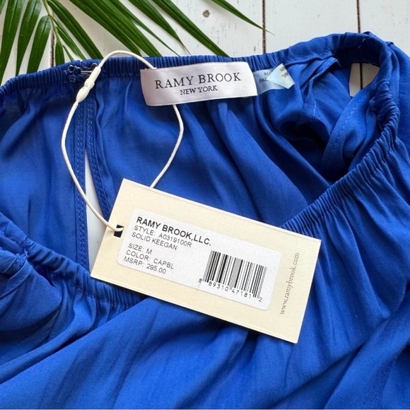 Ramy Brook Keegan Blue Ruffle Sleeve Smocked Waist Blouse Top Size M NWT - Picture 7 of 10